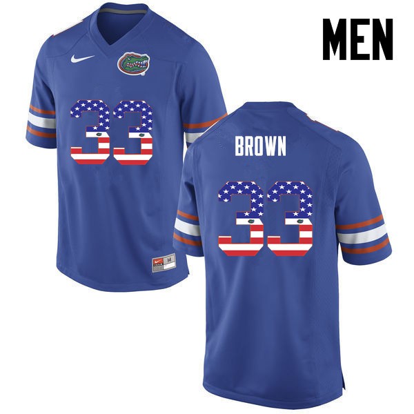 Florida Gators Men #33 Mack Brown College Football USA Flag Fashion Blue